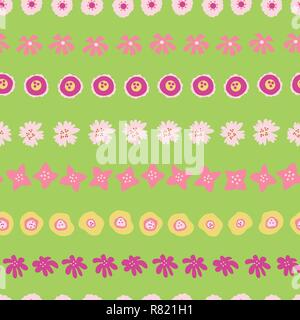 Ostern Muster Fliesen. Blumen in Zeilen nahtlose Vektor Hintergrund grün. Blumen Abbildung der Hand rosa gelb Sommer Blumen gezeichnet. Stoff, Papier, Kinder, Sommer, Webbanner, Seite füllen, Kleid, Grenze Stock Vektor