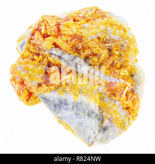 Makrofotografie von natürlichen Mineral aus geologische Sammlung - Orpiment Kristalle auf rauem Dolomit Stein auf weißem Hintergrund Stockfoto