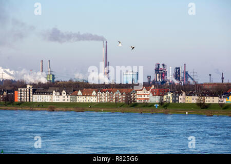 Rhein in Duisburg-Laar mit Häusern, hinter dem Deich, industriellen Hintergrund der ThyssenKrupp Steel Mill in Duisburg-Bruckhausen Stockfoto