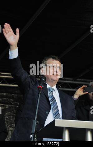 Ukip leader Gerard Batten Adressen verlassen Wähler, die Ukip des Brexit bedeutet Beenden Rallye in London. Stockfoto