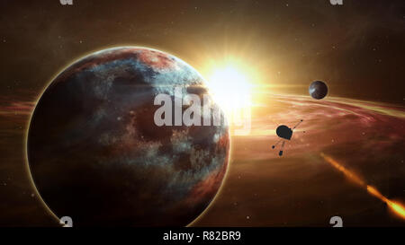 Raumsonde umkreisen und fernen Sonnensystem und Exoplaneten entdecken. Realistische tiefe Kosmos Sat-Reisen Lichtjahre von der Erde 3D-Abbildung. Stockfoto