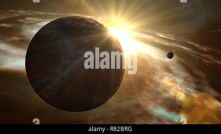 Exoplanet sunrise Flare und Kosmos Exploration. Realistische 3D-von Sternen, Planeten und Nebel Gaswolken in einer fernen Galaxie. Raumfahrt Lichtjahre von Stockfoto