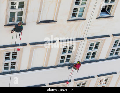 Hohes Fensterreiniger Fensterreiniger arbeiten Abseilen abseilen Fenster Reinigung Stockfoto