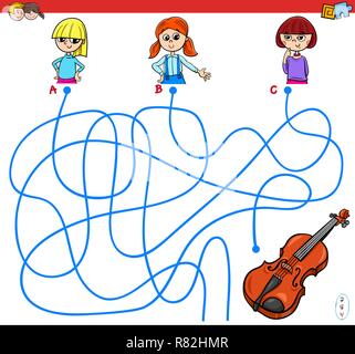 Cartoon Illustration der Bahnen oder Labyrinth Puzzle Spiel mit Mädchen und Violine Stock Vektor