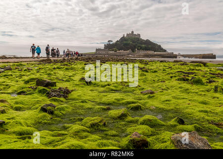 Touristen über den Causeway nach St. Michael's Mount in Cornwall, England, während der Ebbe. Stockfoto