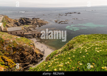 Die alten stillgelegten Rettungsboot Station am Polpeor Cove, an der Eidechse in Cornwall, England. Im Jahr 1914 erbaut. Typische zerklüftete Küste von Cornwall. Stockfoto