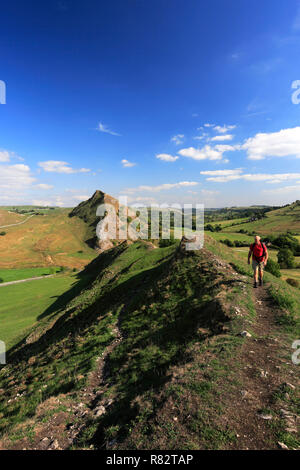 Walker auf Chrome Hügel, in der Nähe von hollinsclough Dorf, Obere Taube Tal, Nationalpark Peak District, Derbyshire, England, Großbritannien Stockfoto