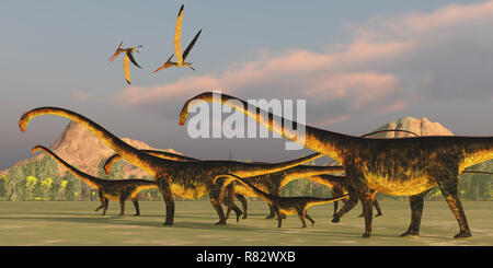 Barosaurus Herde Dinosaurier - ein barosaurus Dinosaurier Herde wacht über die Knaben als zwei Pteranodon Reptilien über Fliegen. Stockfoto