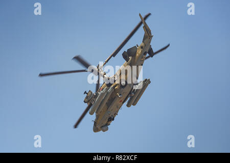 Kampfhubschrauber Ka-52 Alligator, nannte die fliegender Panzer. Ansicht von rechts, im Flug Stockfoto