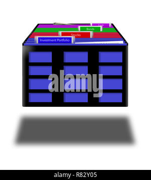 Bunte Aktenordner mit Etiketten zeigen, um den Datensatz einer Person halten über ein Investment Portfolio. Registerkarten gehören Aktien, Anleihen und Liquidität. Dies ist ein il Stockfoto