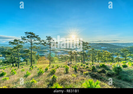 Sonnenaufgang auf dem Plateau, wenn die Sonne aufwachte, zu den Kiefernwald unterhalb des Hügels, um den neuen Tag in aller Ruhe begrüßen zu können. Stockfoto