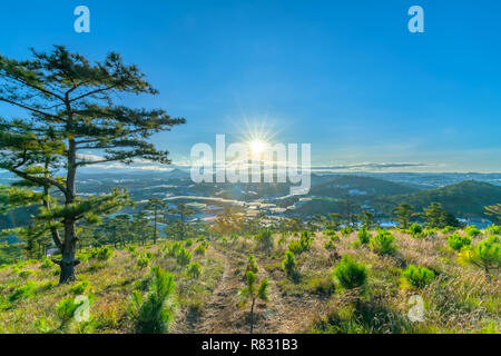 Sonnenaufgang auf dem Plateau, wenn die Sonne aufwachte, zu den Kiefernwald unterhalb des Hügels, um den neuen Tag in aller Ruhe begrüßen zu können. Stockfoto