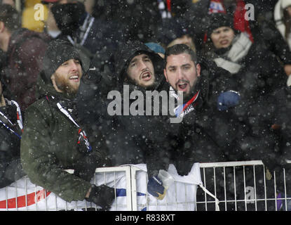 Kiew, Ukraine. 13 Dez, 2018. Fans der Lyon Reagieren während der UEFA Champions League Gruppe F Fußballspiel zwischen Shakhtar Donetsk und Lyon an der NSK Olimpiyskyi in Kiew, Ukraine, 12. Dezember 2018. Credit: anatolii Stepanov/ZUMA Draht/Alamy leben Nachrichten Stockfoto