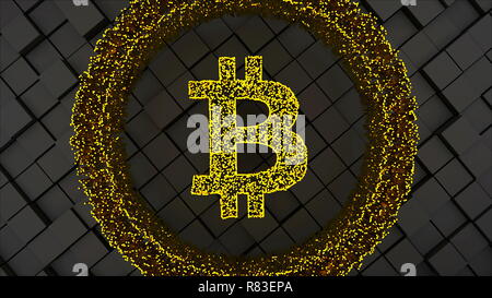 Bitcoin Münze Symbol mit vielen Teilchen und Kanthölzer Oberfläche, Computer generiert abstrakte Technologie Hintergrund Stockfoto