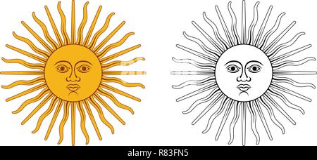 Sun Mai - Wappen von Argentinien und Uruguay. Gelber Kreis mit menschlichem Antlitz, mit 32 Strahlen, 16 gerade/wellig, die inti Gott. Stock Vektor