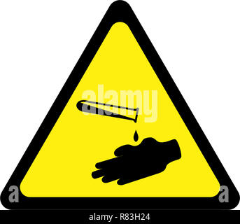 Gelbes Warnschild mit korrosiven Substanzen Symbol Stockfoto
