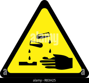 Gelbes Warnschild mit korrosiven Substanzen Symbol Stockfoto