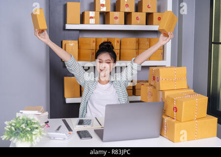 Erfolgreiche junge Unternehmerin mit Paketboxen in Ihren eigenen job shopping Online Business at home office Stockfoto