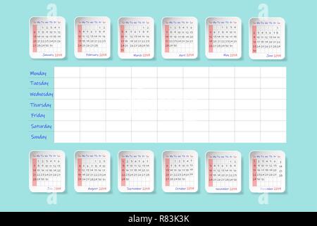 2019 Jahr Kalender mit Etiketten in dem halben Jahr unterteilt, die wöchentliche Planner ist unter ihnen. Woche Sonntag. Alle auf dem grünen Hintergrund. Stock Vektor