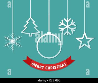 Festliche roter Hintergrund mit Christmas Ball, Weihnachtsbaum, Stern und Schneeflocken. Vector Illustration. Begrüßung Stock Vektor