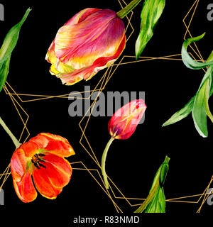 Tolle rote Tulpe Blüte mit grünen Blättern. Hand botanischen Blume gezeichnet. Aquarell Hintergrund Abbildung. Nahtlose Muster. Fabric Wal Stockfoto