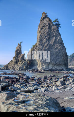 Sea Stacks an der Rialto Beach, auf Washington's Pacific coast. Stockfoto