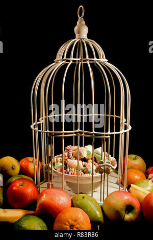 Äpfel, Birnen, Mandarinen, Bananen und Zitronen sind rund um Käfig ist ein weißer Vogel mit einer Schüssel mit Süßigkeiten angeordnet. Auf schwarzem Hintergrund isoliert. Stockfoto