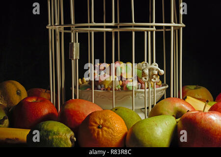 Äpfel, Birnen, Mandarinen, Bananen und Zitronen sind rund um Käfig ist ein weißer Vogel mit einer Schüssel mit Süßigkeiten angeordnet. Auf schwarzem Hintergrund isoliert. Stockfoto