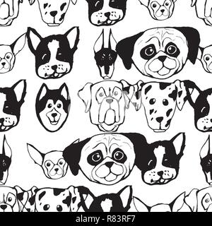 Nahtlose Muster mit Hunderassen. Bulldogge, Husky, Alaskan Malamute, Retriever, Dobermann, Pudel, Mops, Shar Pei, Dalmatinische Stock Vektor