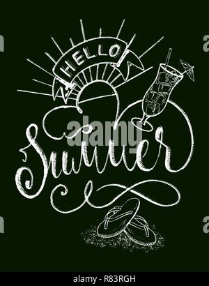 Hallo Sommer weiße Kreide hand Schrift auf schwarzem Hintergrund Stock Vektor