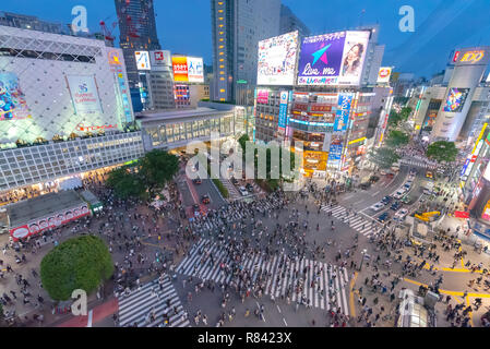 Fußgänger an zebrastreifen Stadtteil Shibuya in Tokio, Japan. Shibuya Crossing ist einer der verkehrsreichsten Fussgängerstreifen in der Welt. Stockfoto