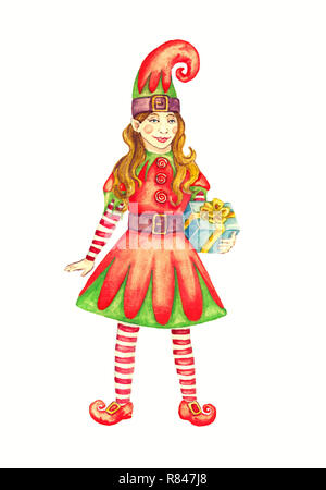 Weihnachten Elf Mädchen in hellen Kostüm mit Hut und Geschenk in den Händen, auf weissem watercolor Illustration isoliert Stockfoto