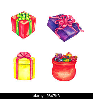Geschenkboxen und Santa Claus Sack voller Geschenke, auf weissem watercolor Illustration isoliert Stockfoto