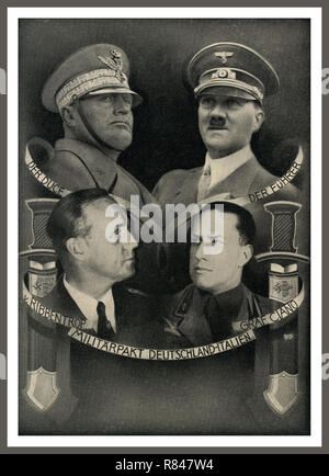 Jahrgang 1939 Propaganda Postkarte zum Gedenken an den militärischen Pakt zwischen Deutschland und Italien, Hitler, Mussolini, von Ribbentrop & Graf Ciano (Führer der Facist Partei) Stockfoto