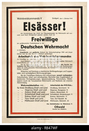 WW2 Deutsche Propaganda Rekrutierung im Elsass 1941 "Elsässischen! Mit der Genehmigung des Leiters der Befehl der Wehrmacht, sie werden jetzt die Gelegenheit, als Freiwillige in den großen deutschen Freiheitskampf in der deutschen Wehrmacht" teilnehmen Stockfoto