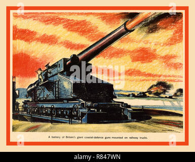 Vintage British WW2 Poster Krieg Kunst Propaganda Artwork 1942 eine Batterie von Großbritanniens riesige Küstengebiete - Verteidigung Waffen abfeuern, Auf Lkw montiert Stockfoto