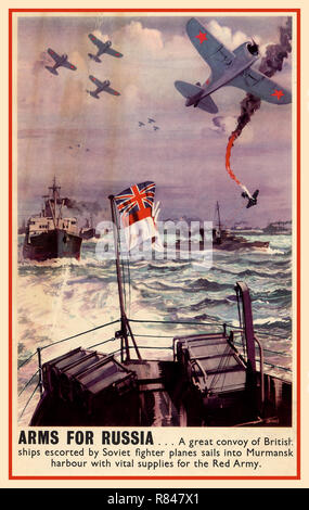 Vintage WW2 Propaganda Arme Poster 1943' für Russland' … ein großer Konvoi der britischen Schiffe, die von sowjetischen Kampfflugzeugen eskortiert Segel in den Hafen von Murmansk mit lebenswichtigen Verbrauchsmaterialien für die sowjetische Rote Armee Stockfoto