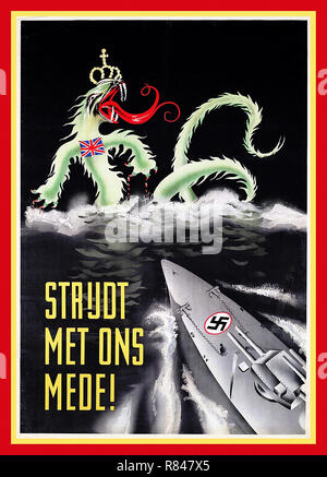 Vintage WW2 1940 Die NS-Propaganda Poster für Holland im Niederländischen "Mit Uns!" zeigt eine moderne NS-Hakenkreuz Schlachtschiff rasant durch die Wellen in Richtung einer britischen Meer Teufel mit Krone und Union Jack insignia Kampf Stockfoto