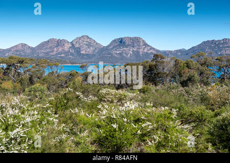 Gefahr Gebirge, Freycinet Nationalpark, Tasmanien von Coles Bay, an einem sonnigen Tag mit blauen Himmel Stockfoto