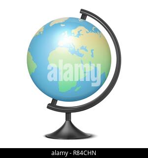 Vektor realistische 3D-Welt des Planeten Erde mit Karte der Welt Symbol Closeup isoliert auf weißem Hintergrund. Design Vorlage der Schule Globus auf Tisch, Modell der Erde für Grafiken, Cliparts. Ansicht von vorn Stock Vektor