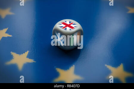 Europäische Union. Auf die drei Gesichter der Würfel, sehen wir drei Flaggen: Deutschland, Schottland, Irland. Stockfoto