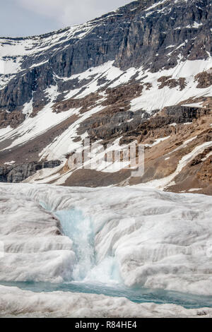 Icefields Parkway in Jasper National Park, Alberta, Kanada. Ströme von icy blue Gletscherwasser durch das Eis auf der Athabasca Gletscher fließt. Stockfoto