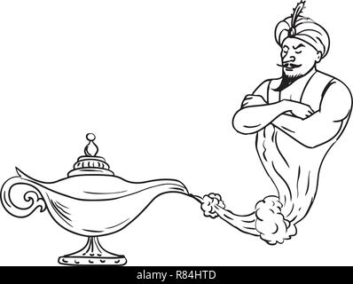 Zeichnung Skizze stil Abbildung eines Arabischen genie aus einer alten öl Lampe auf isolierten weißen Hintergrund in Schwarz und Weiß gemacht. Stock Vektor