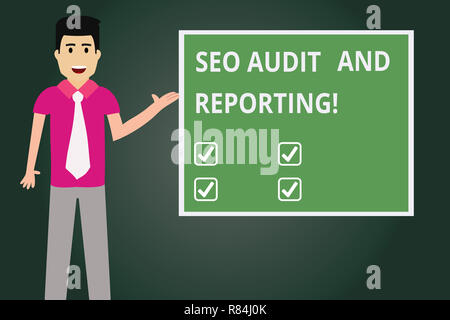 Text Zeichen anzeigen Seo Audit und Reporting. Konzeptionelle foto Search Engineoptimierung review feedback Mann mit Krawatte ständigen Gespräch präsentieren Leer Stockfoto