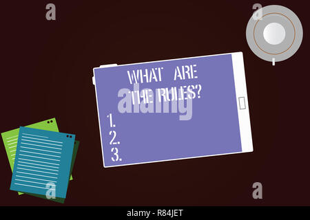 Schreiben Hinweis zeigen, was sind die Rulesquestion. Business Foto zur Schau stellen die Verordnungen vor dem Start alles Tablet-Tasse Untertasse ein Stockfoto