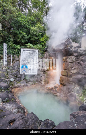 Beppu, Oita, Japan, November 8, 2018: Tatsumaki Jigoku (Tornado Hölle) Brunnen im Herbst, einer der berühmten Thermalquellen Viewpoint, re Stockfoto