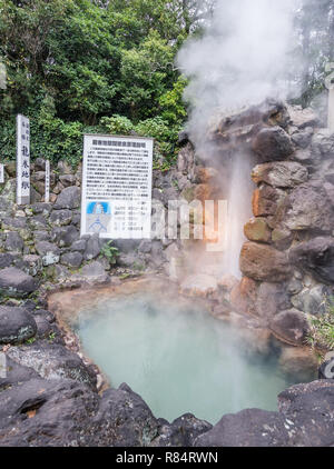 Beppu, Oita, Japan, November 8, 2018: Tatsumaki Jigoku (Tornado Hölle) Brunnen im Herbst, einer der berühmten Thermalquellen Viewpoint, re Stockfoto