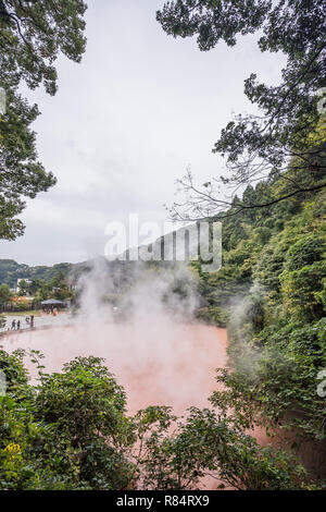 Beppu, Oita, Japan, November 8, 2018: Chinoike Jigoku (Blut Teich Hölle) Teich im Herbst, einer der berühmten Thermalquellen Viewpoint, repr Stockfoto