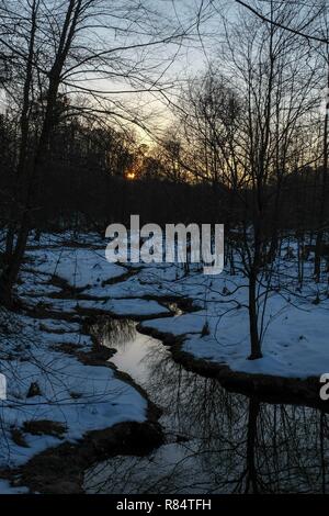 Die Sonne nimmt einen letzten Blick auf die mäandernden Fluss durch den Schnee laufen Landschaft bei Yates Mühle County Park in Raleigh North Carolina abgedeckt. Stockfoto