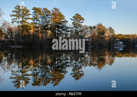 Am späten Nachmittag Sonne fällt auf die Bäume über dem Teich mit Spiegel wie Reflexionen auf der ruhigen Oberfläche an Yates Mühle County Park in Raleigh. Stockfoto